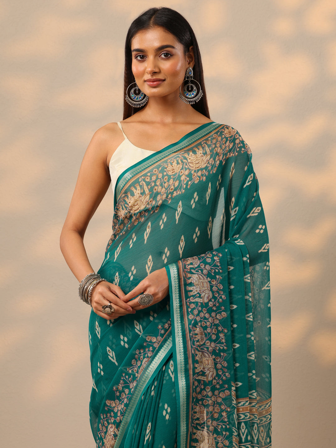  Green Printed Chiffon Saree With Unstitched Blouse Piece 