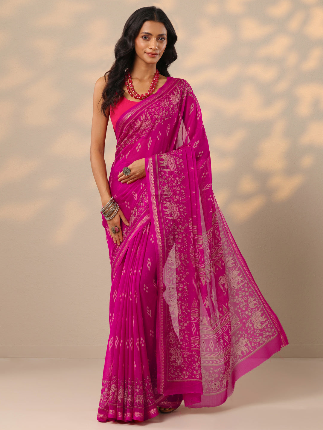  Pink Ikat Printed Chiffon Saree With Unstitched Blouse Piece 