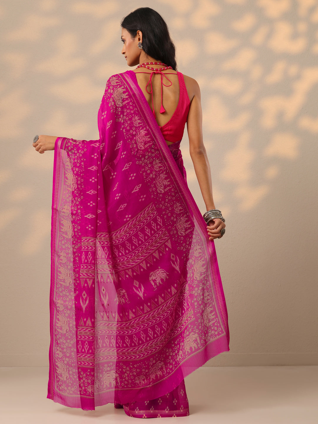  Pink Ikat Printed Chiffon Saree With Unstitched Blouse Piece 