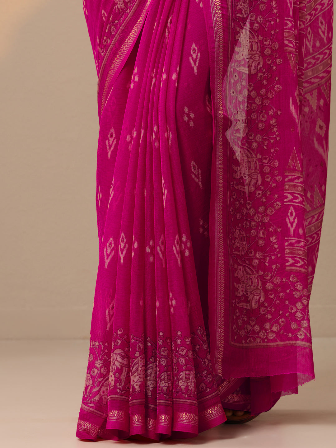  Pink Ikat Printed Chiffon Saree With Unstitched Blouse Piece 