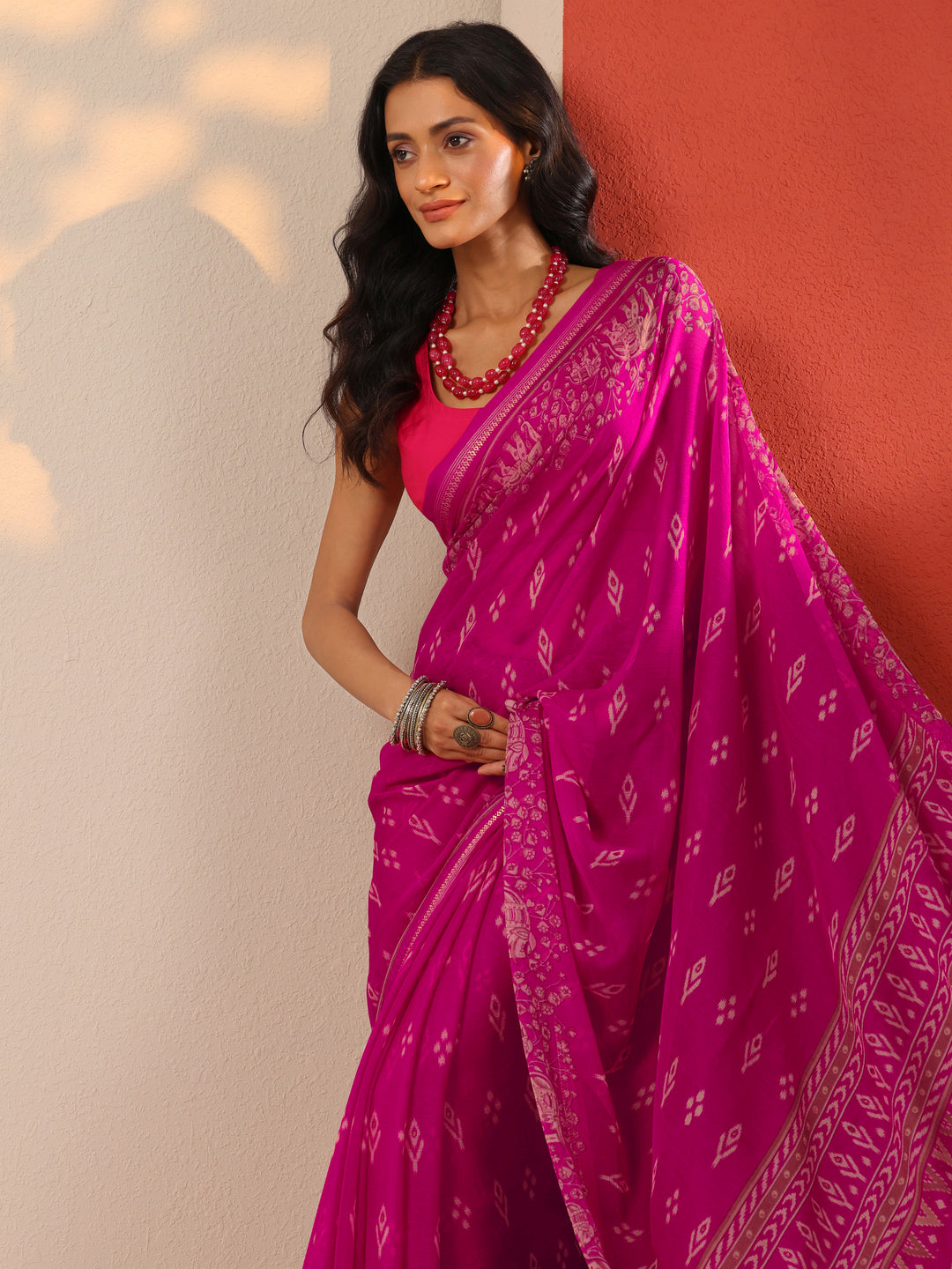  Pink Ikat Printed Chiffon Saree With Unstitched Blouse Piece 