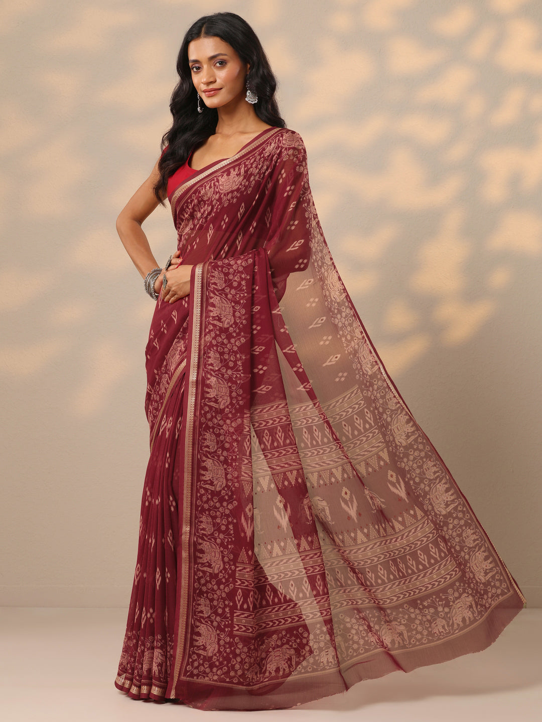  Maroon Printed Chiffon Saree With Unstitched Blouse Piece 