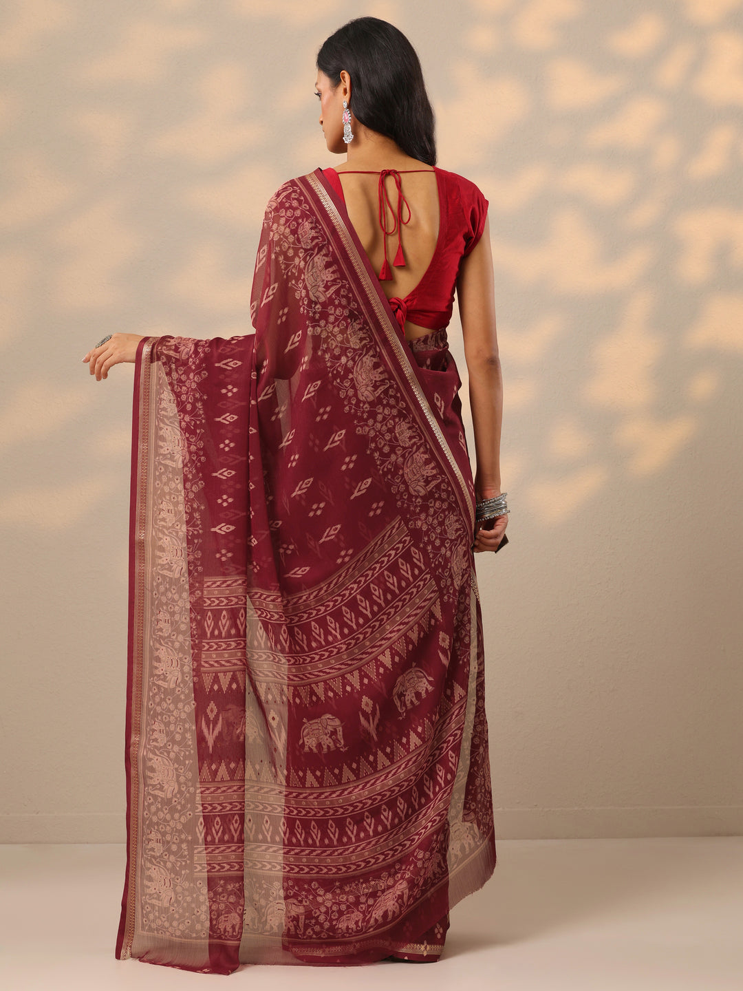  Maroon Printed Chiffon Saree With Unstitched Blouse Piece 