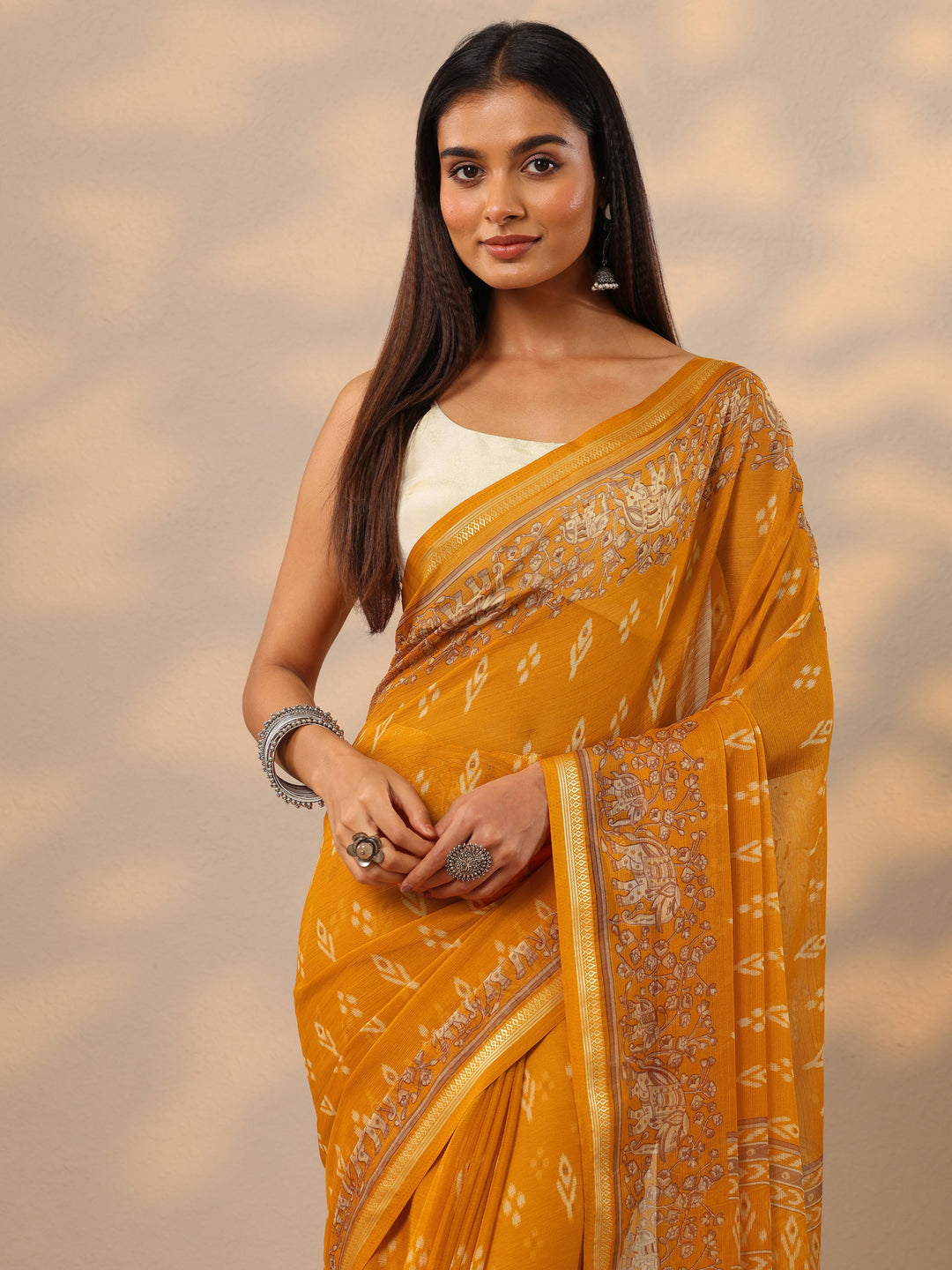  Mustard  Ikat Printed Chiffon Saree With Unstitched Blouse Piece 