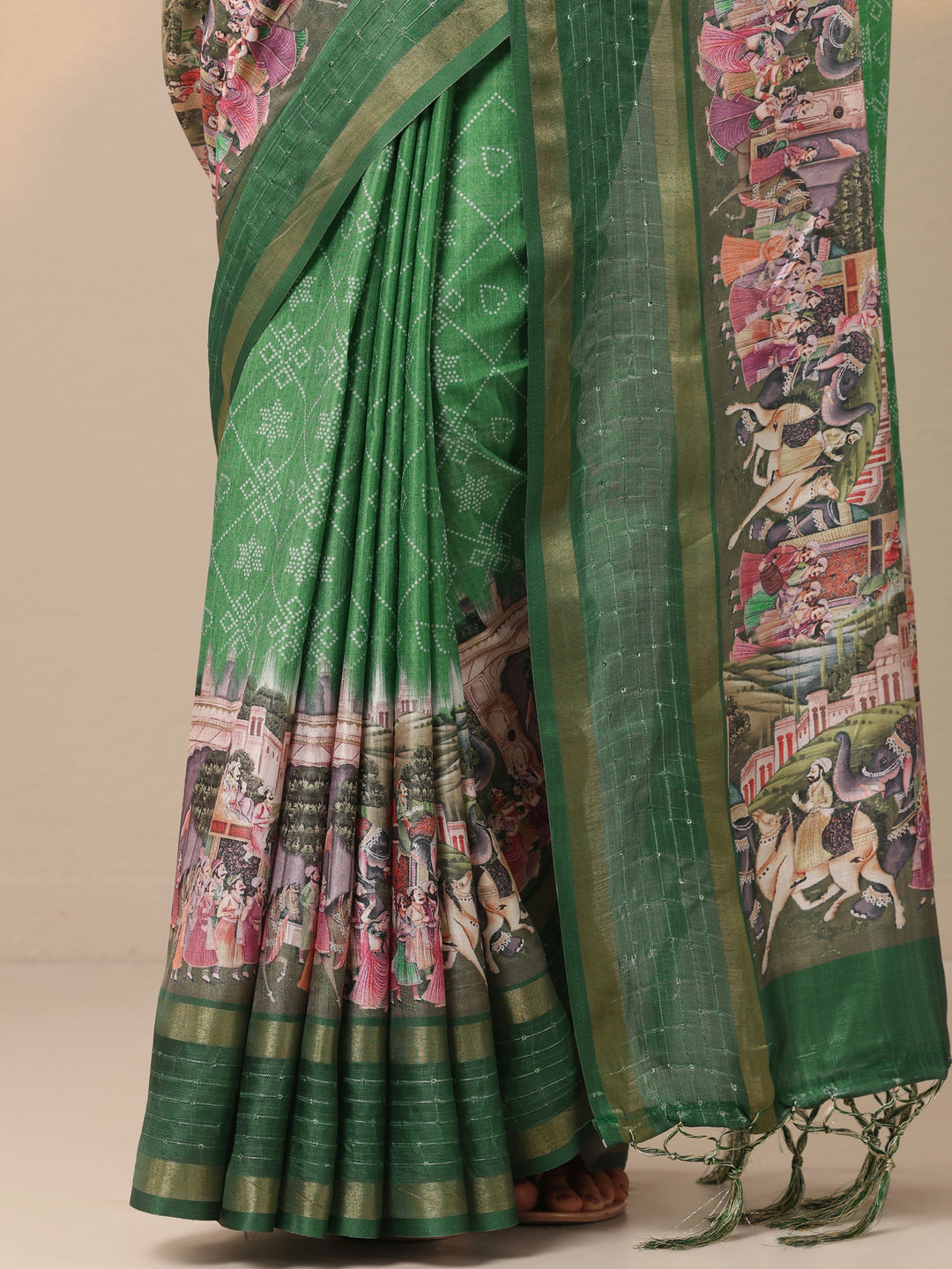  Green Printed Silk blend Saree With Unstitched Blouse Piece 
