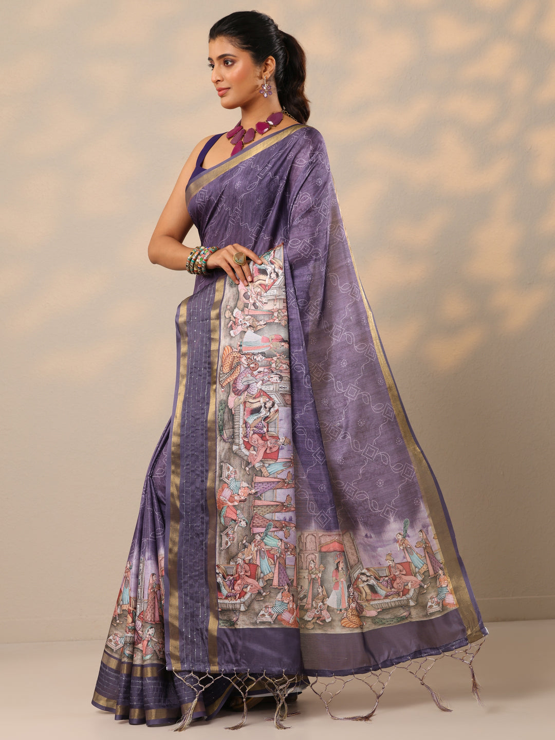  Lavender Bandhani Printed Silk Blend Sarees With Unstitched Blouse Piece 