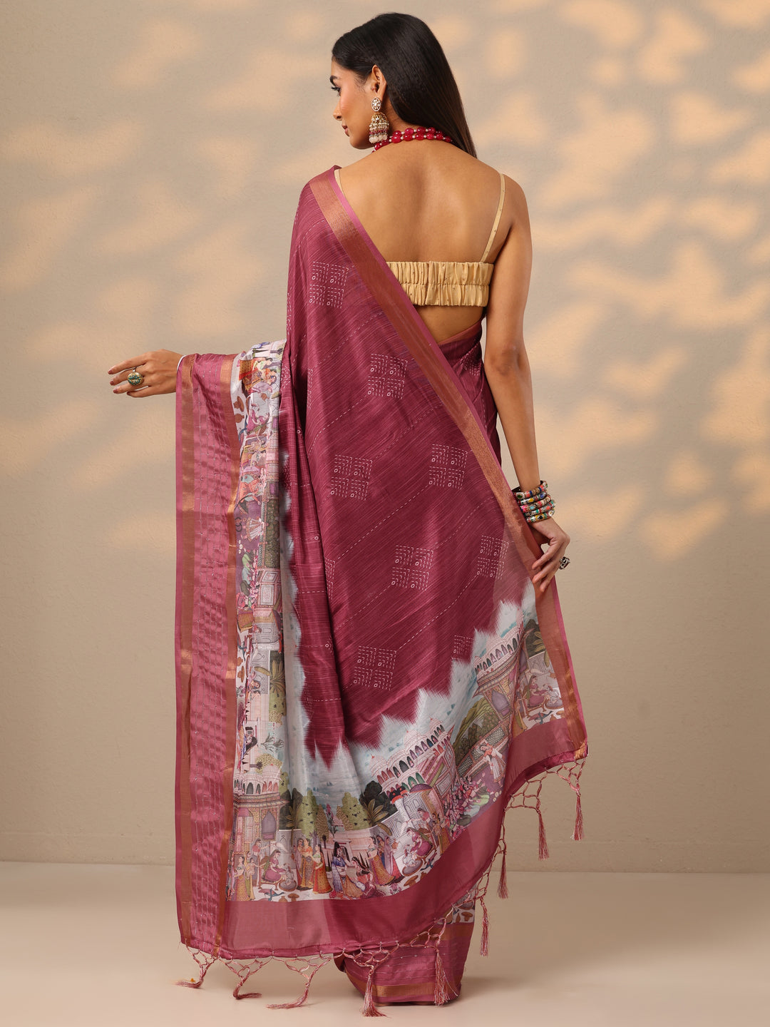  Coral Printed Silk blend Saree With Unstitched Blouse Piece 