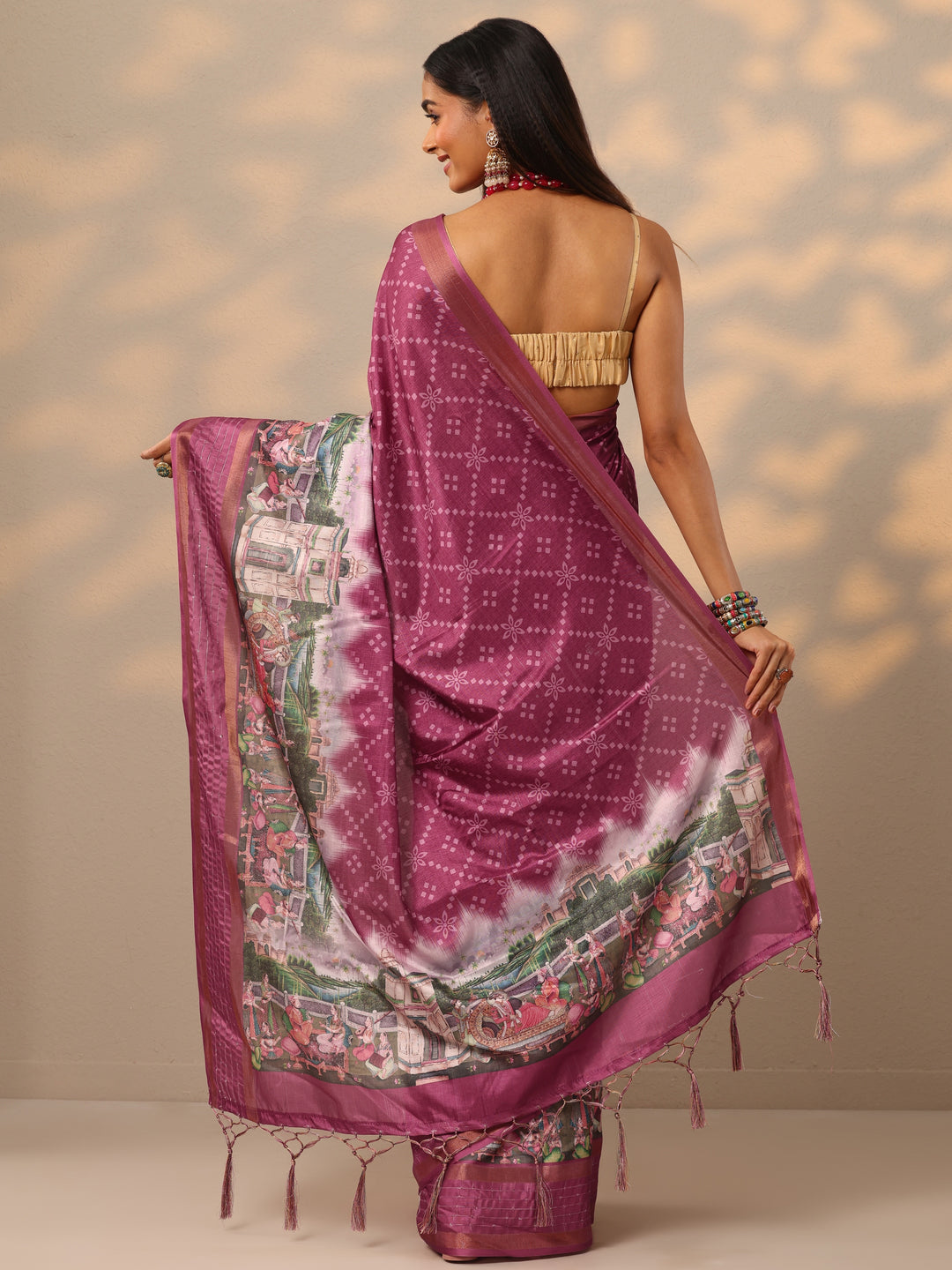  Mauve Printed Silk blend Saree With Unstitched Blouse Piece 