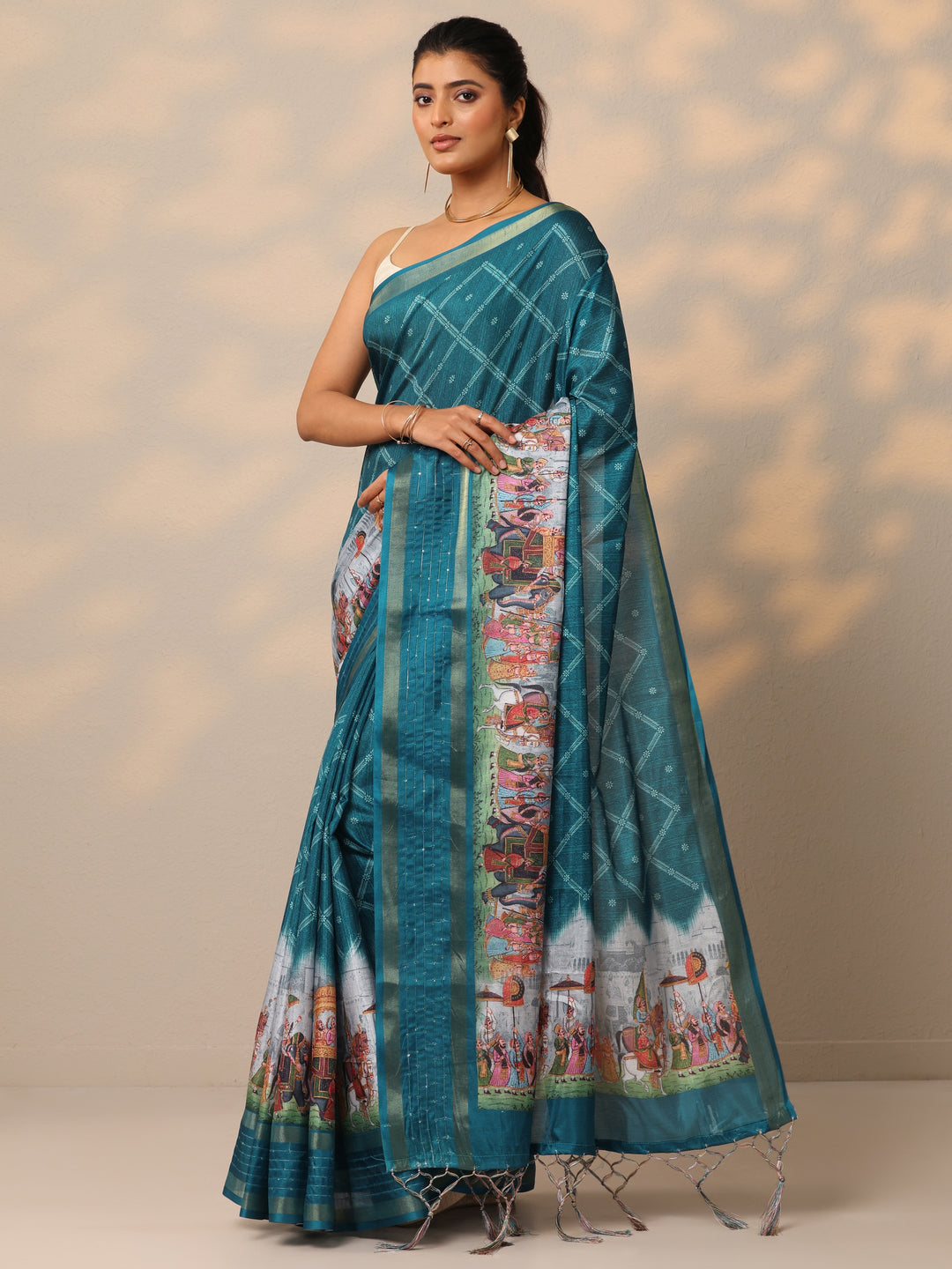  Blue Printed Silk Blend Sarees With Unstitched Blouse Piece 