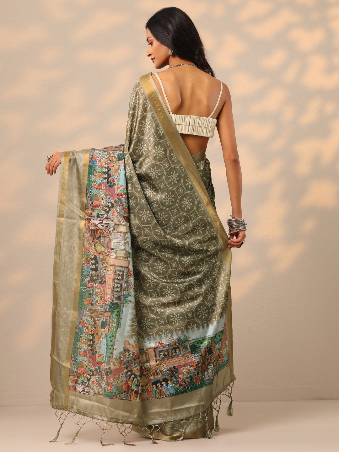  Beige Printed Silk blend Saree With Unstitched Blouse Piece 