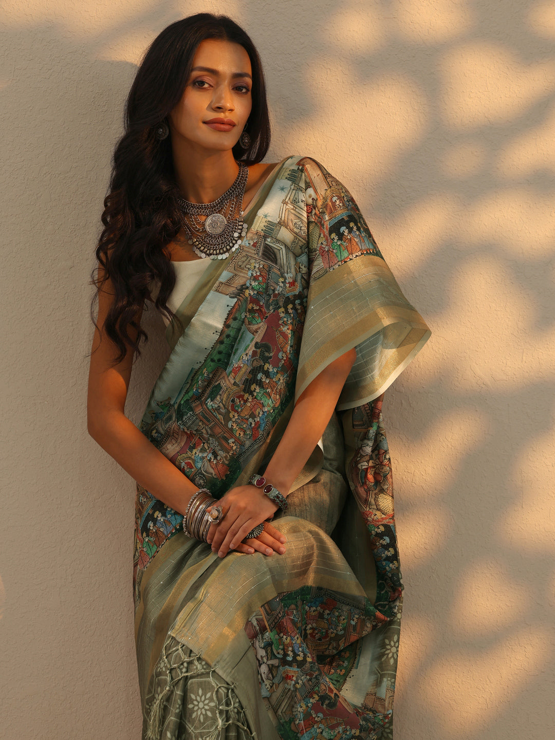  Beige Printed Silk blend Saree With Unstitched Blouse Piece 