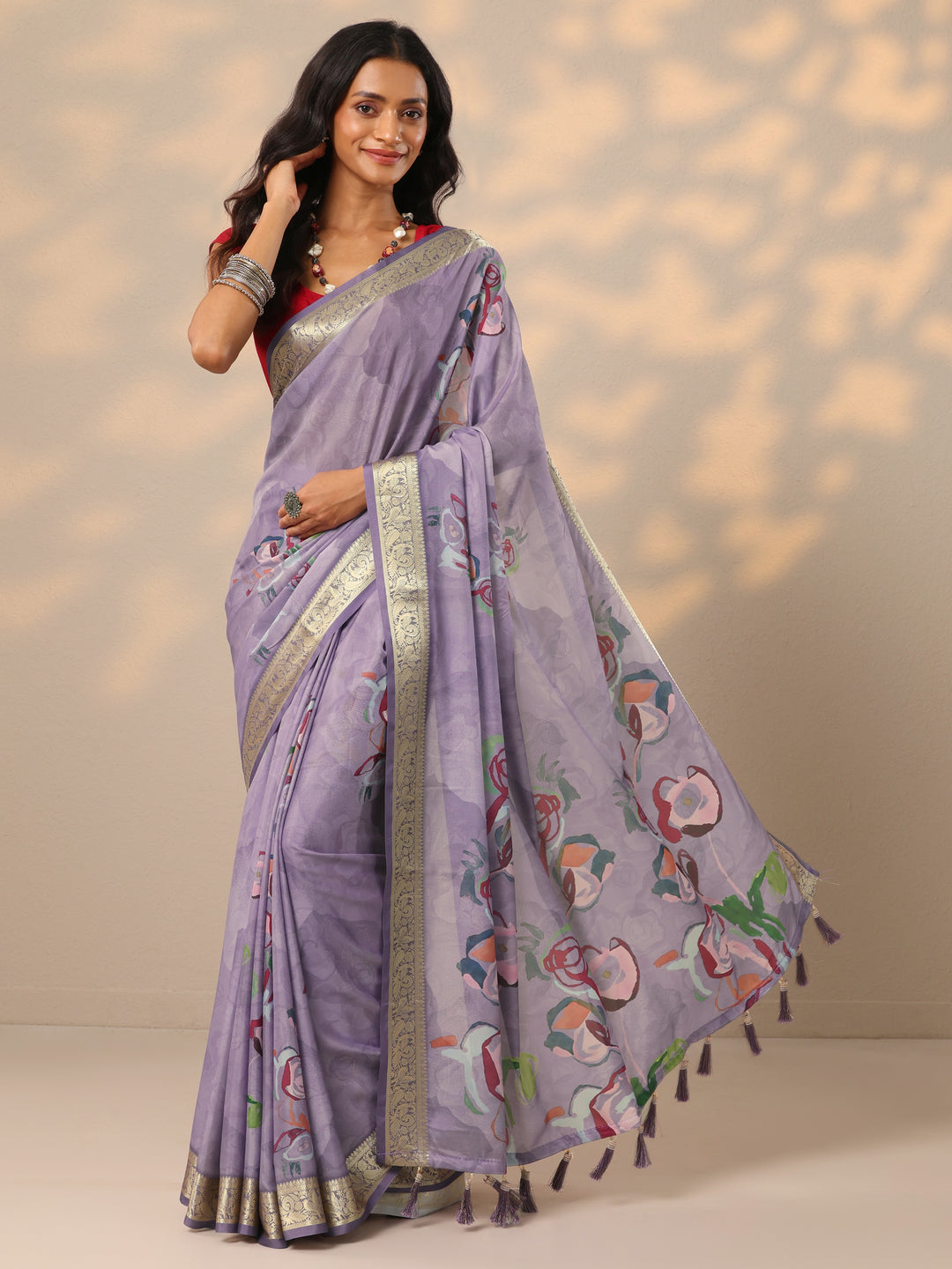  Lavender Printed Crepe Saree With Unstitched Blouse Piece 