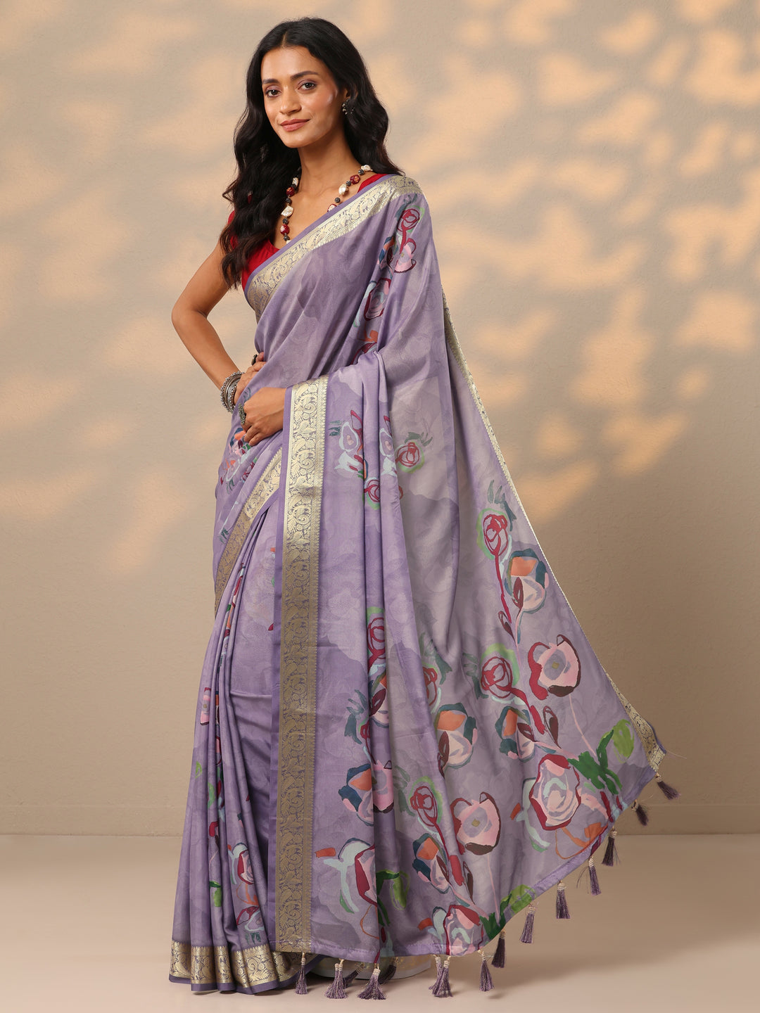  Lavender Printed Crepe Saree With Unstitched Blouse Piece 