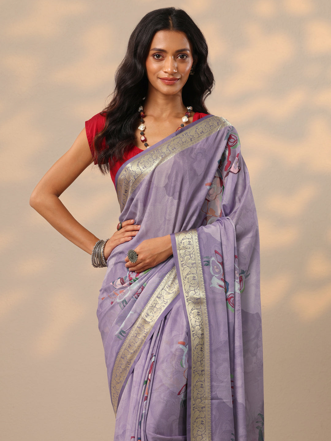 Lavender Printed Crepe Saree With Unstitched Blouse Piece