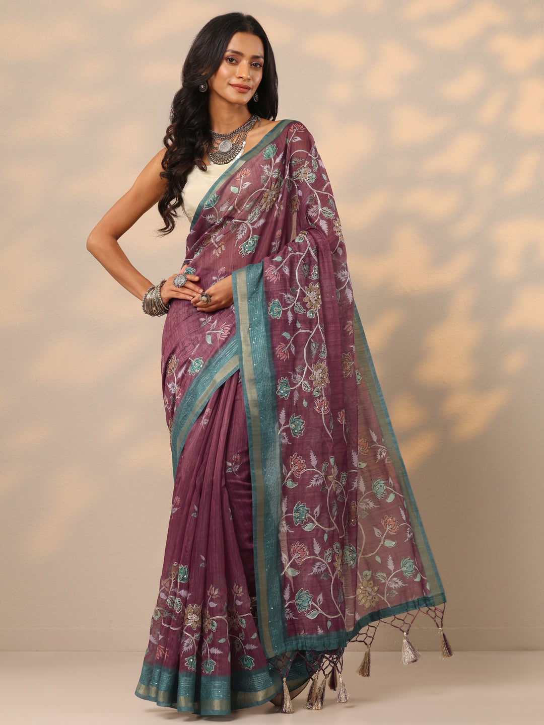 Burgundy Printed cotton blend Saree With Unstitched Blouse Piece