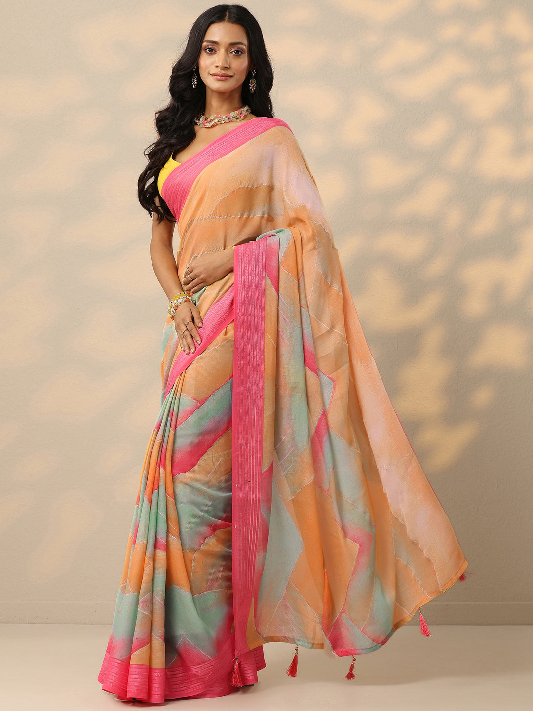  Multi Solid Chinon Saree With Unstitched Blouse Piece 