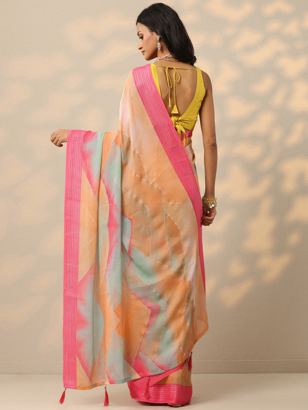  Multi Solid Chinon Saree With Unstitched Blouse Piece 