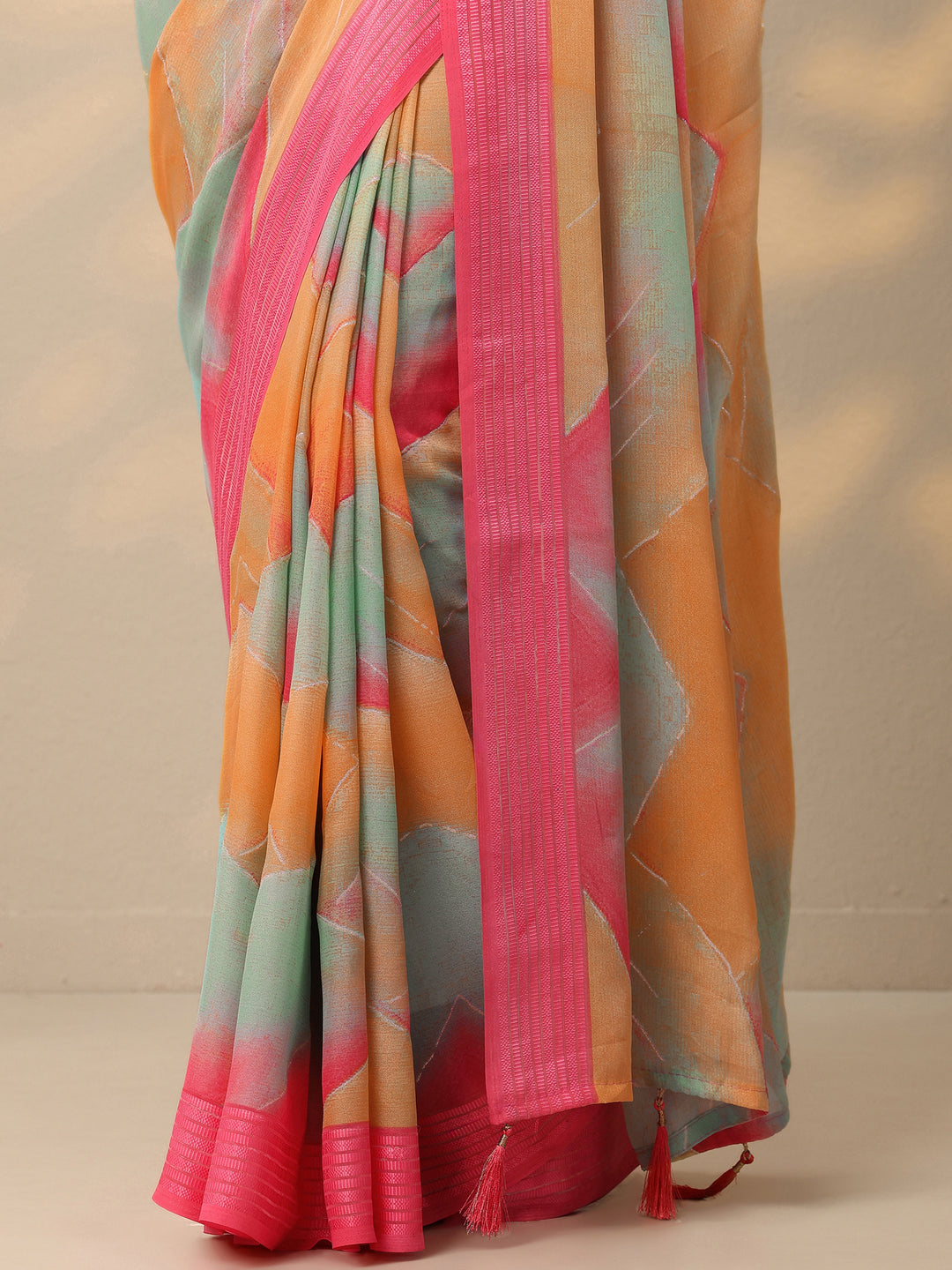  Multi Solid Chinon Saree With Unstitched Blouse Piece 