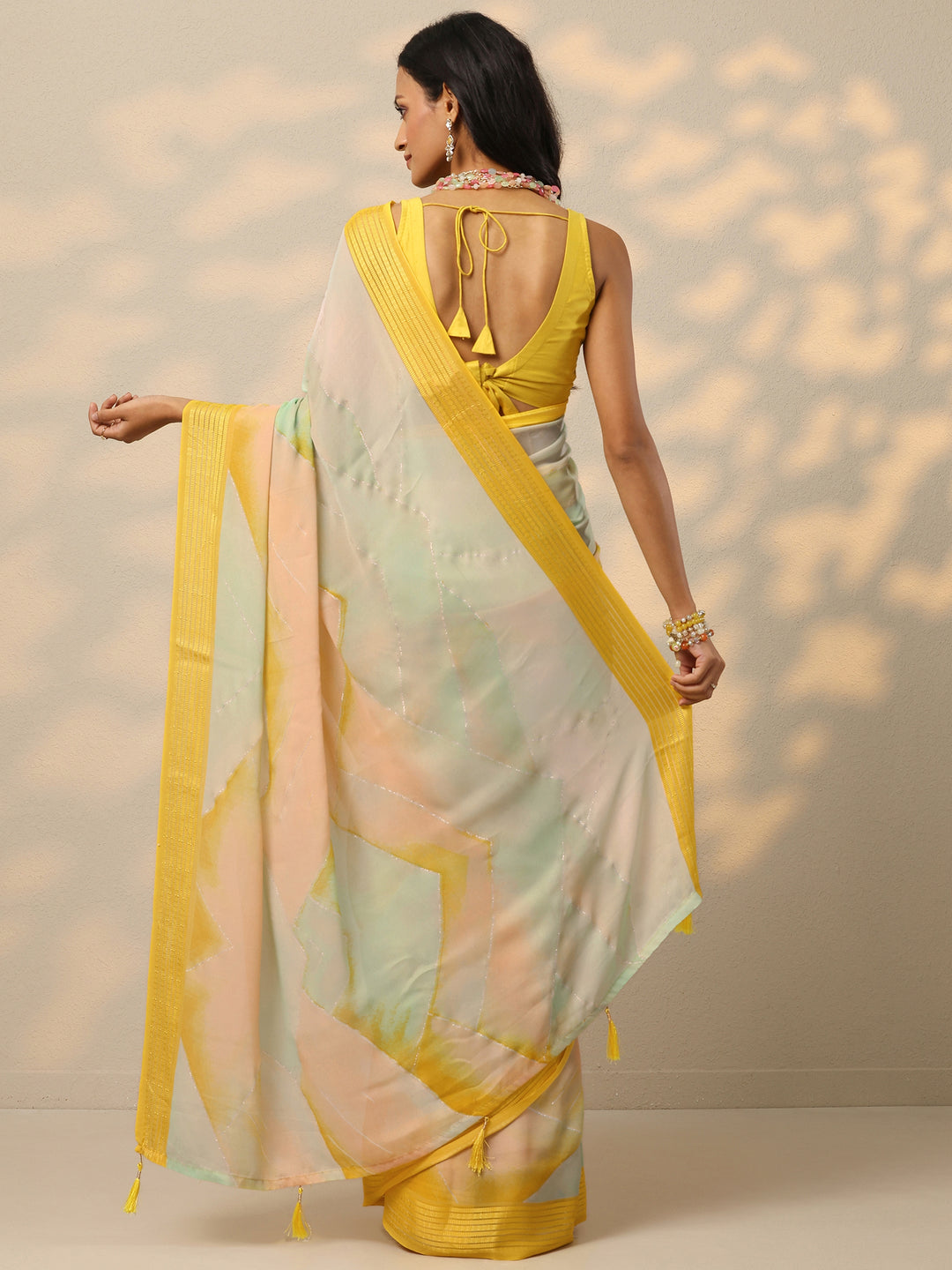  Multi Solid Chinon Saree With Unstitched Blouse Piece 