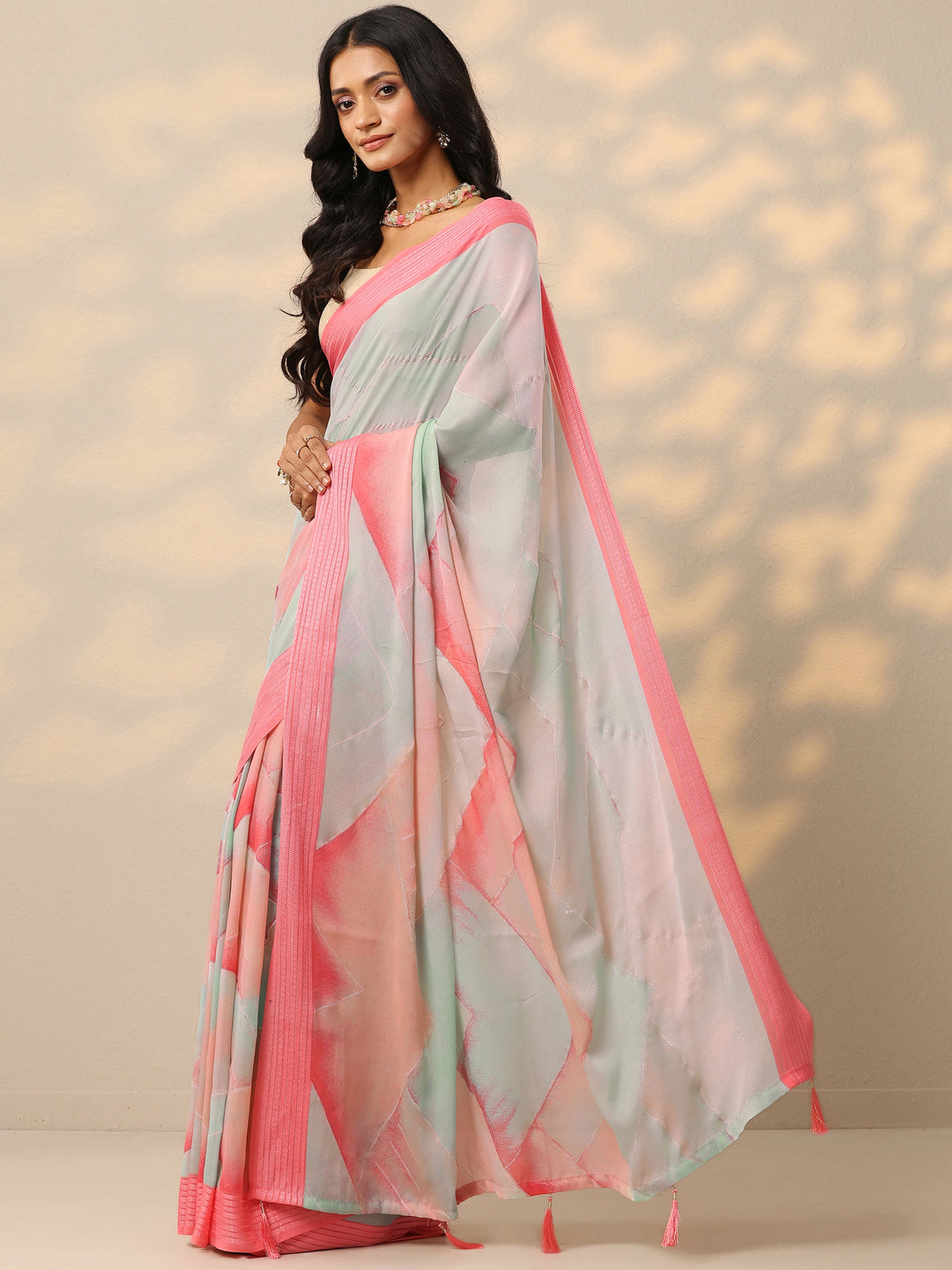 Multi Printed Chinon Saree With Unstitched Blouse Piece 