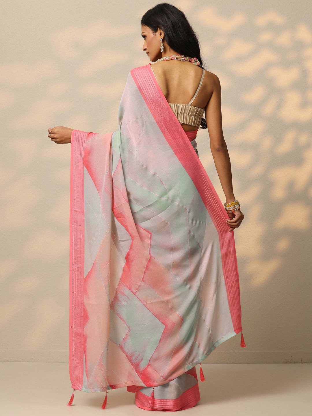  Multi Printed Chinon Saree With Unstitched Blouse Piece 