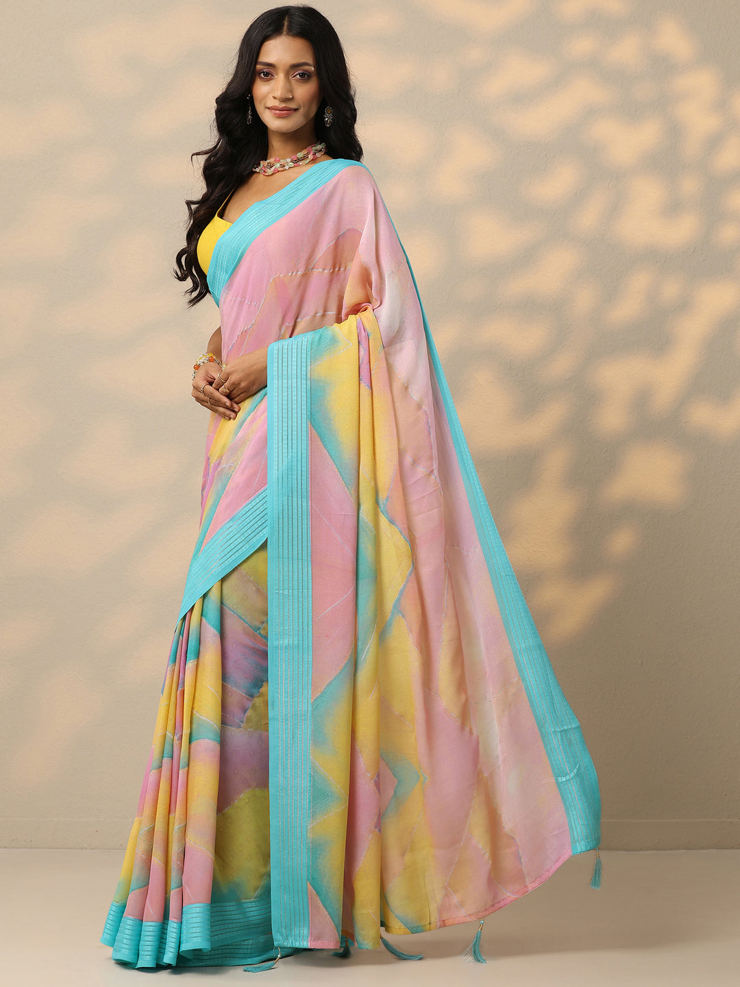 Multi Printed Chinon Saree With Unstitched Blouse Piece 