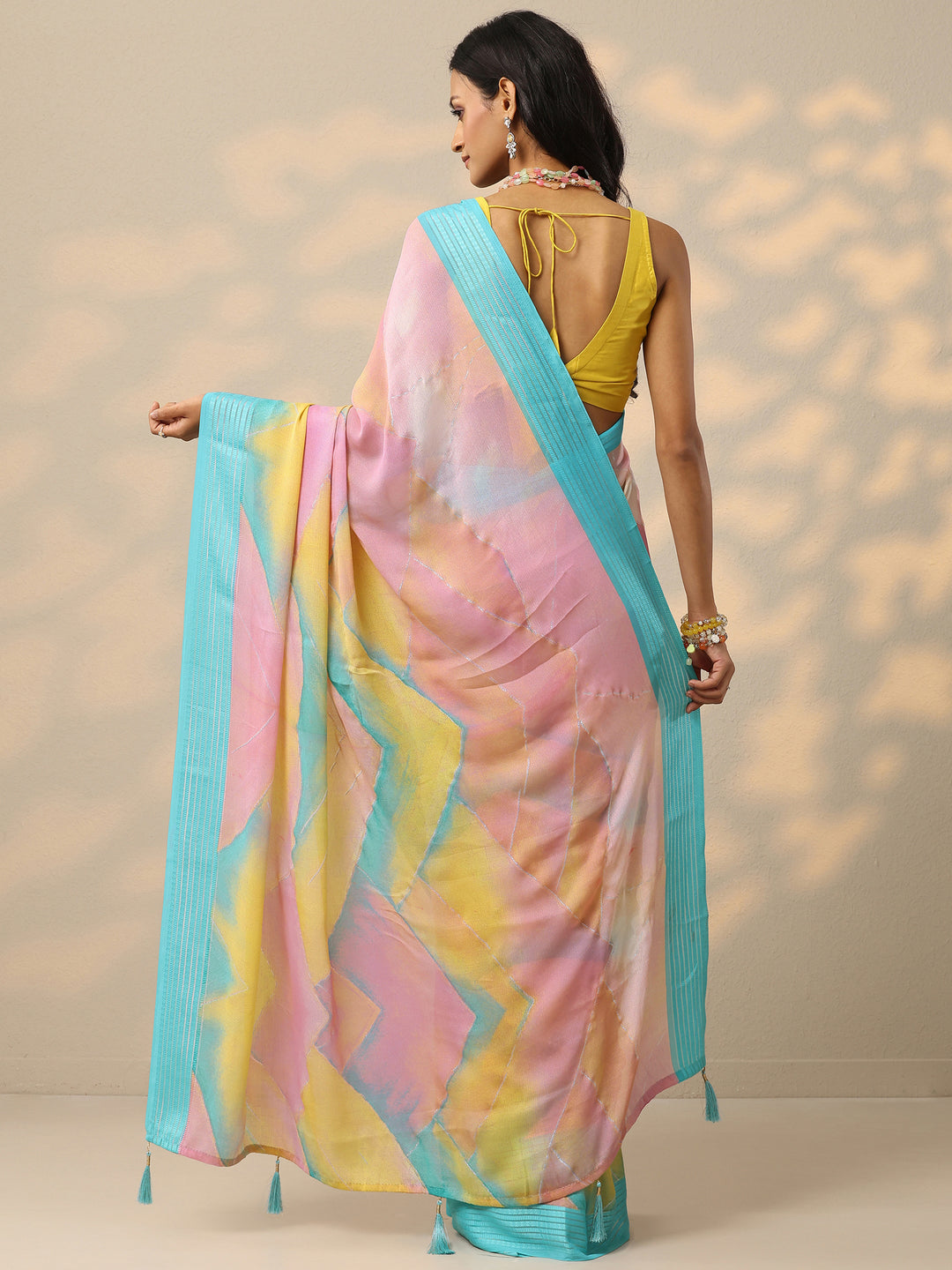  Multi Printed Chinon Saree With Unstitched Blouse Piece 