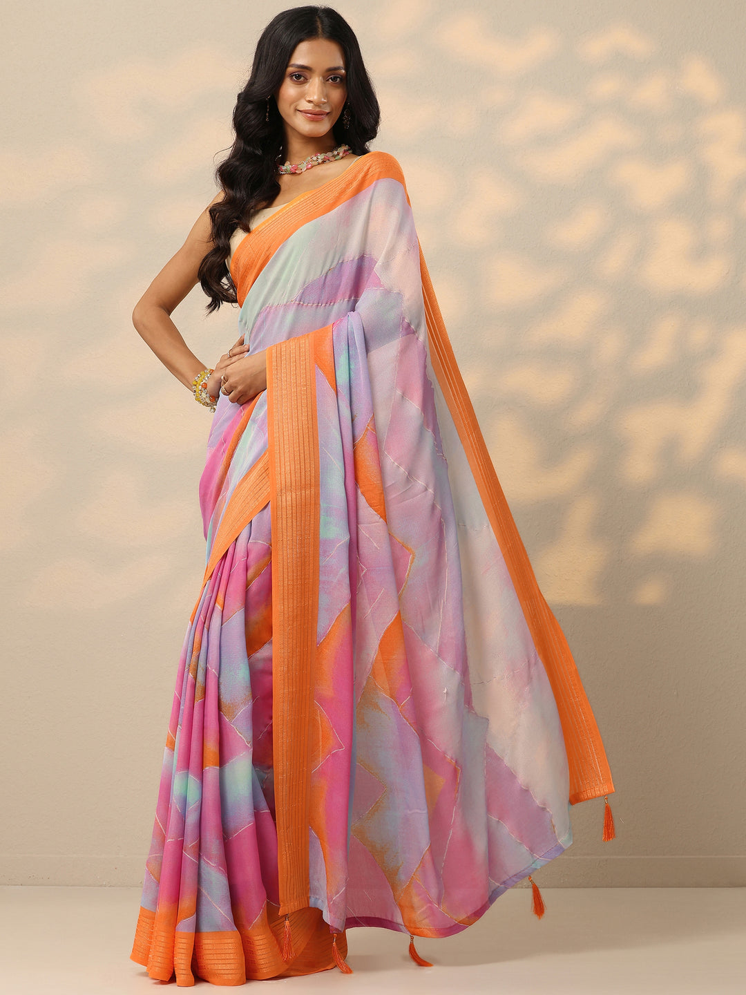  Multi Printed Chinon Saree With Unstitched Blouse Piece 