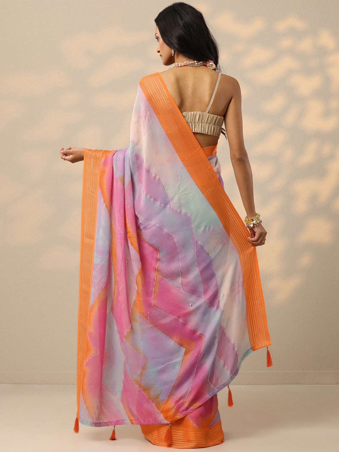  Multi Printed Chinon Saree With Unstitched Blouse Piece 