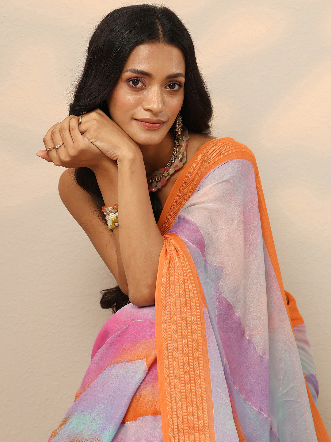  Multi Printed Chinon Saree With Unstitched Blouse Piece 