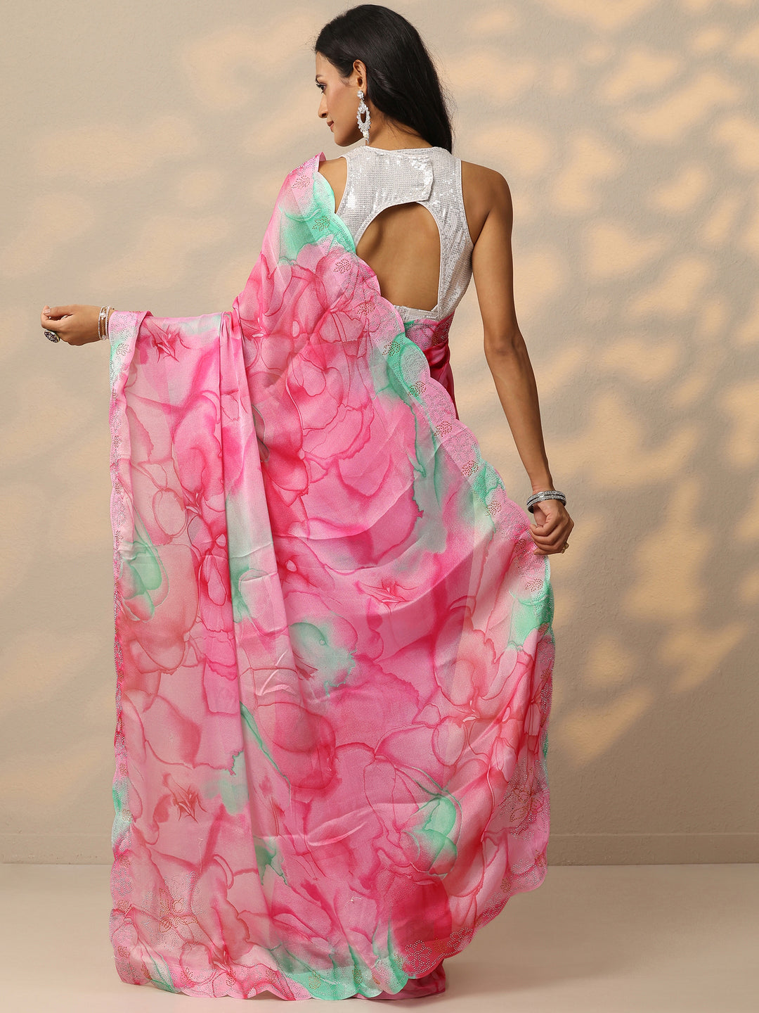  Pink Printed Chinon Saree With Unstitched Blouse Piece 