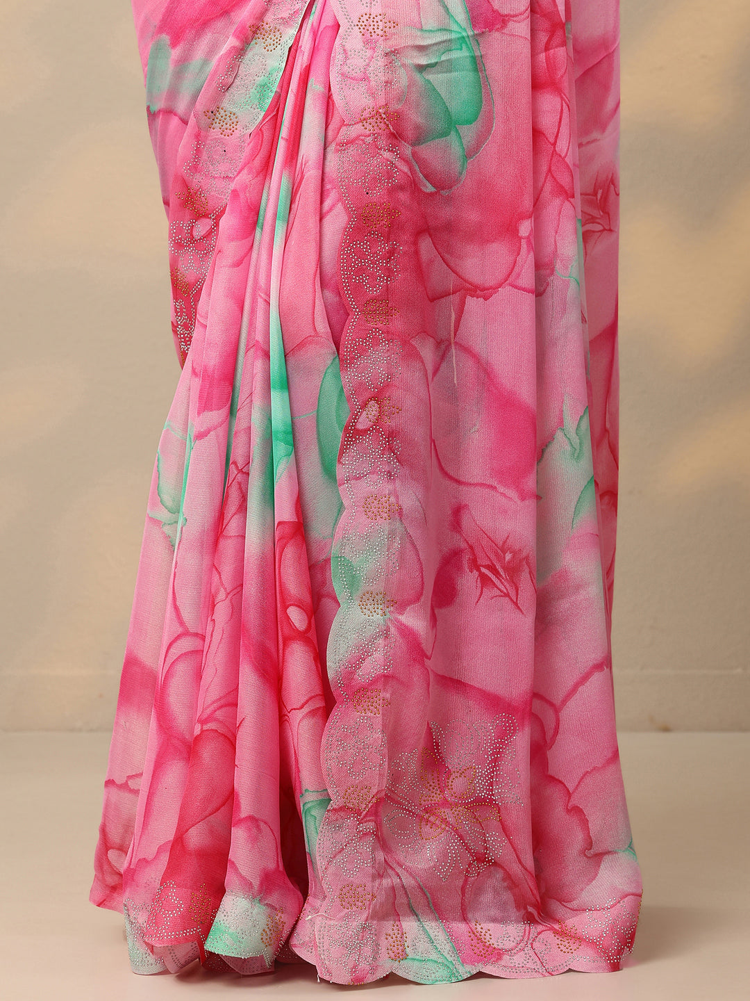  Pink Printed Chinon Saree With Unstitched Blouse Piece 