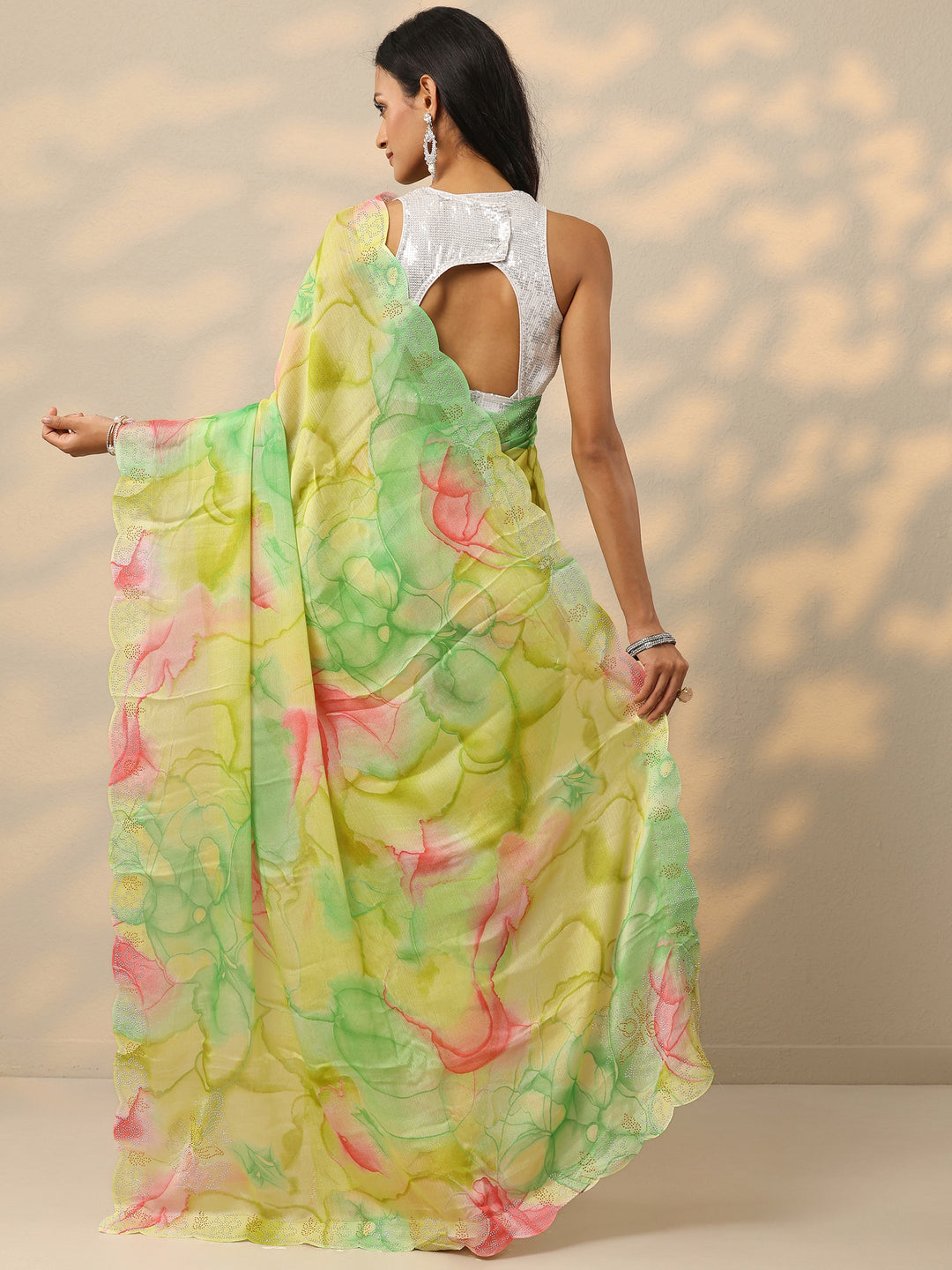  Green Printed Chinon Saree With Unstitched Blouse Piece 