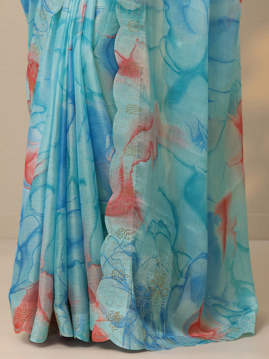  Blue Printed Chinon Saree With Unstitched Blouse Piece 