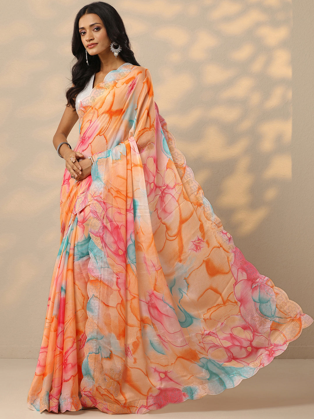  Peach Printed Chinon Saree With Unstitched Blouse Piece 