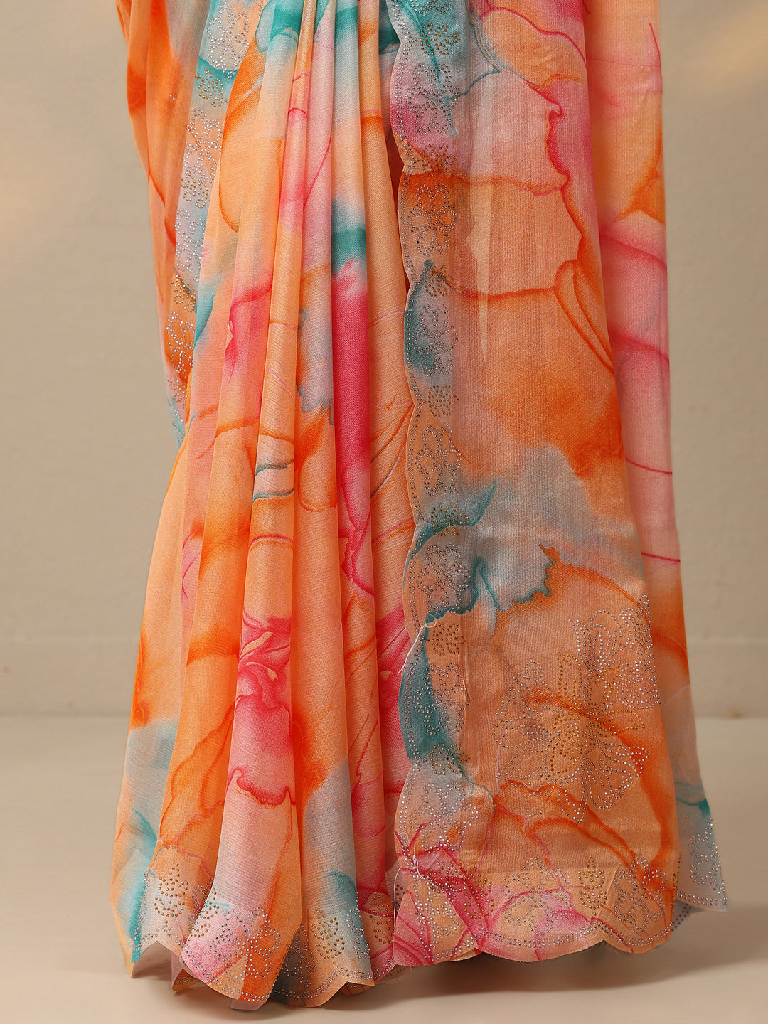  Peach Printed Chinon Saree With Unstitched Blouse Piece 