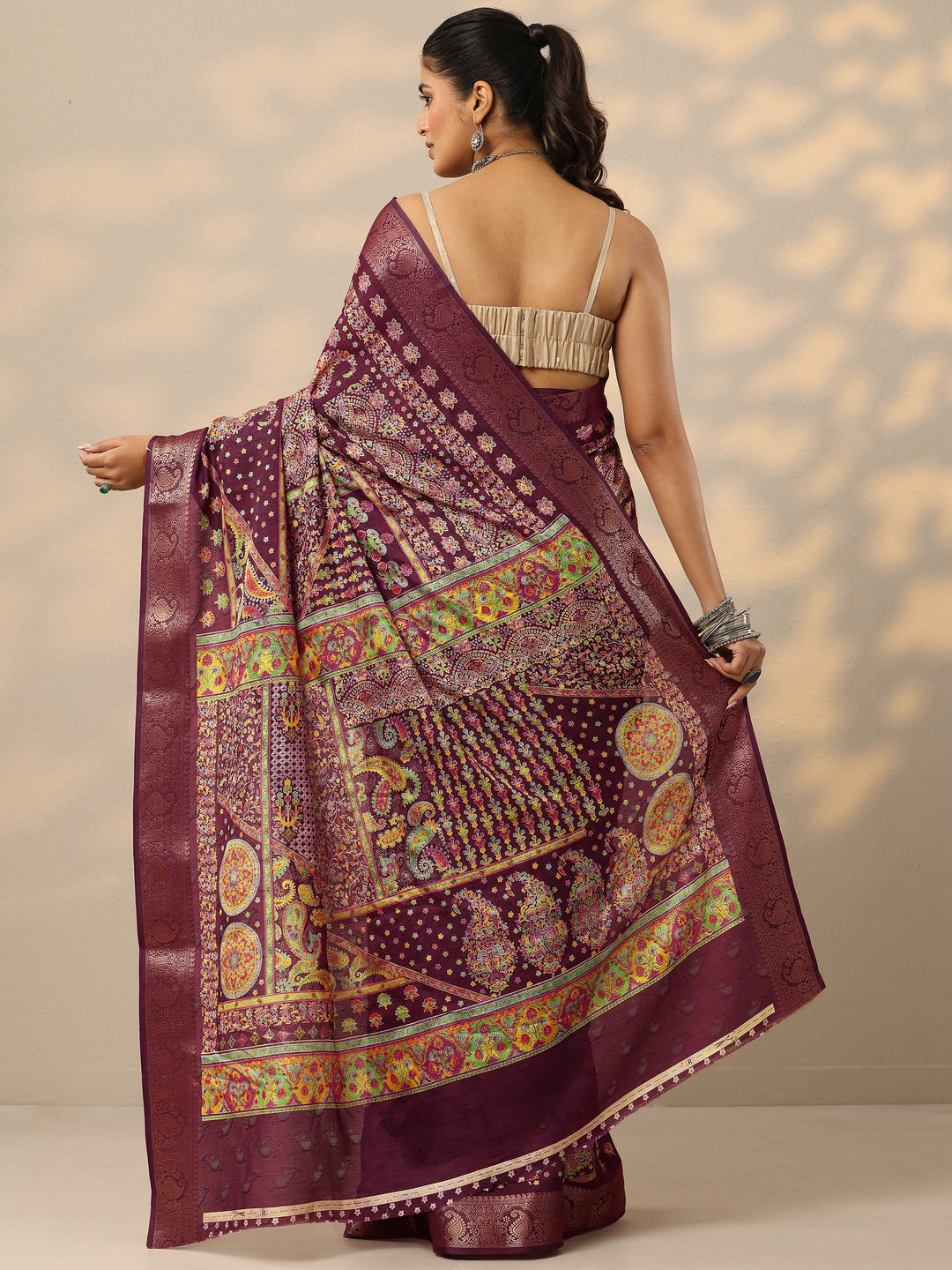  Burgundy Printed Silk Blend Saree With Unstitched Blouse Piece 