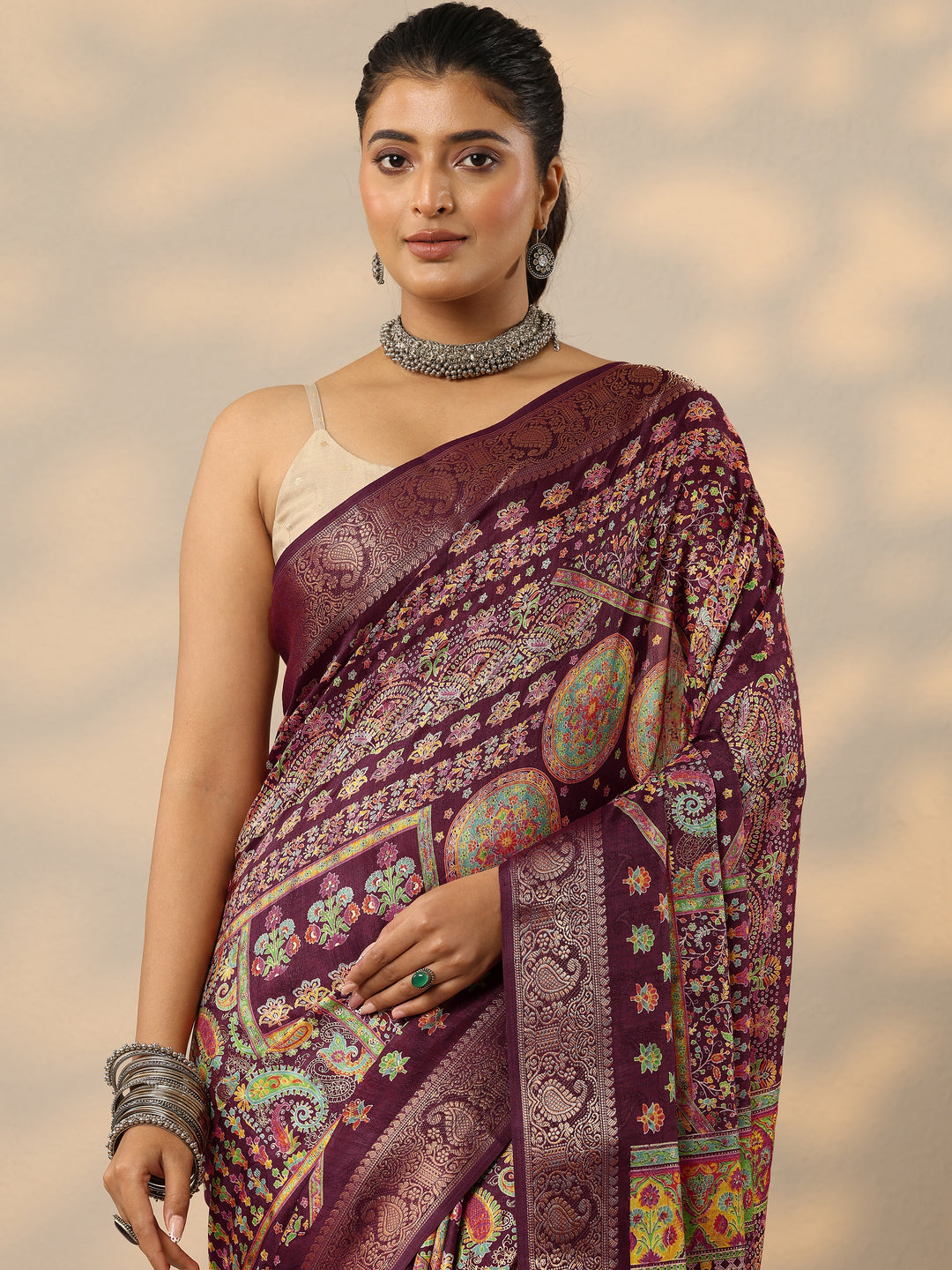  Burgundy Printed Silk Blend Saree With Unstitched Blouse Piece 