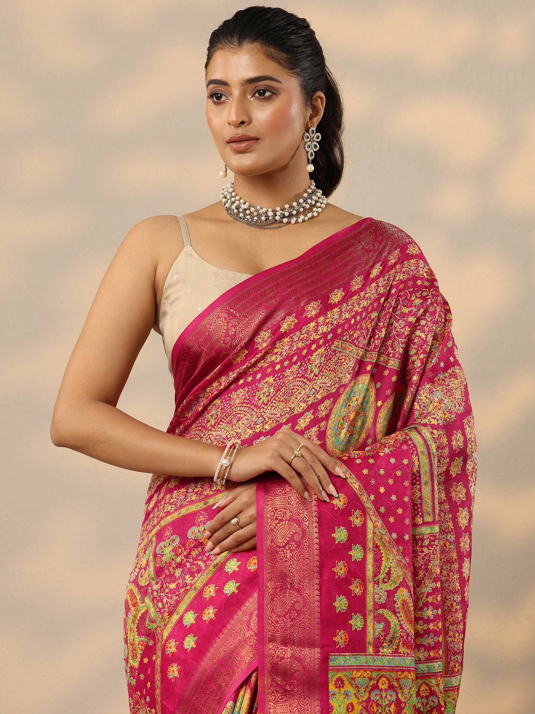  Pink Printed Silk Blend Saree With Unstitched Blouse Piece 