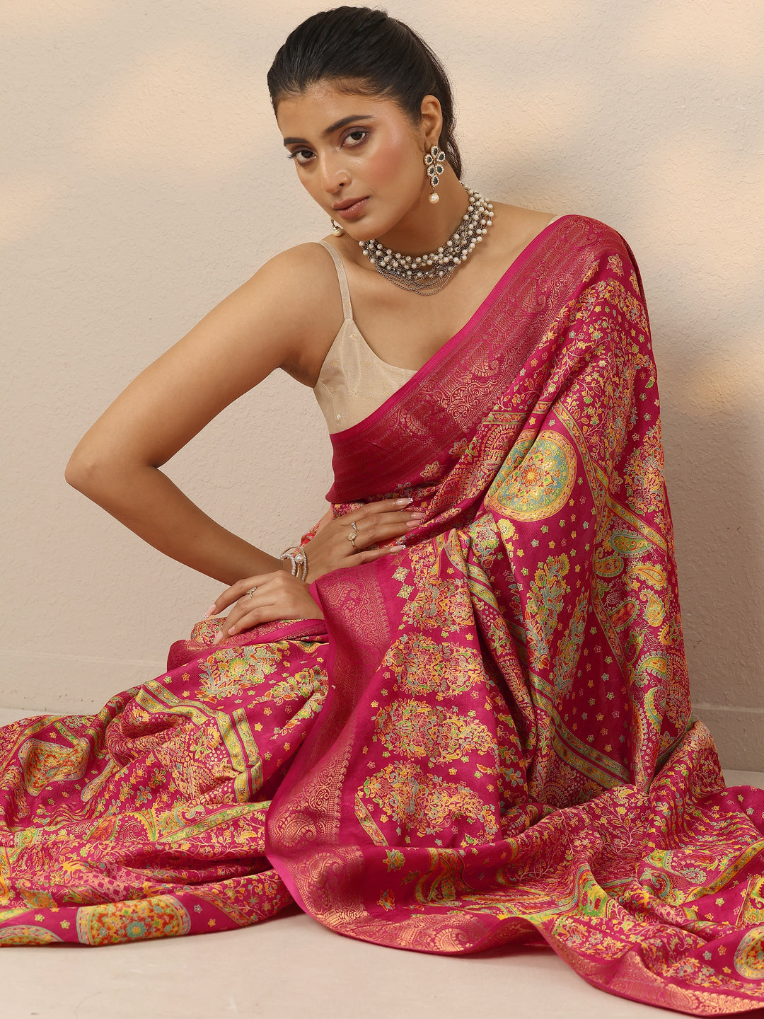  Pink Printed Silk Blend Saree With Unstitched Blouse Piece 