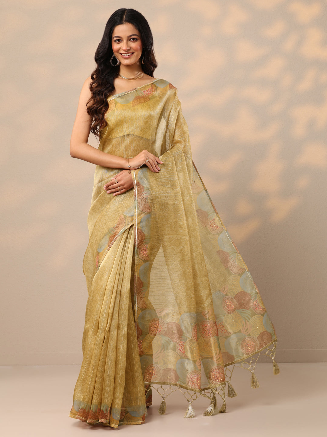  Gold Embellished Nylon Sarees With Unstitched Blouse Piece 