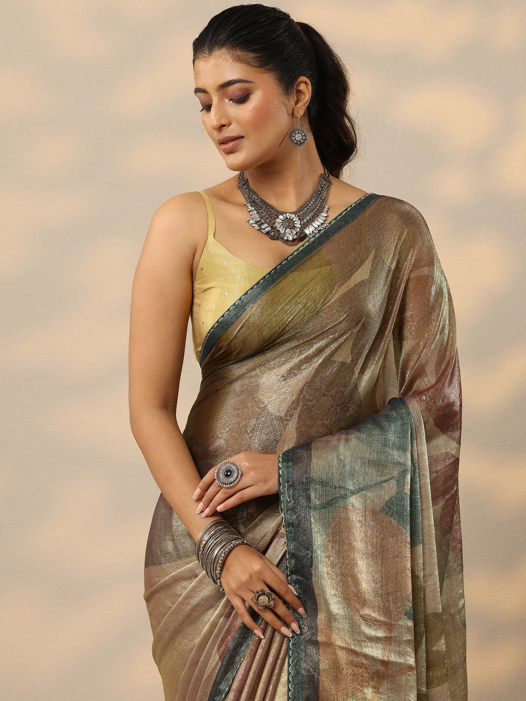 Tan Embellished Organza Saree With Unstitched Blouse Piece 