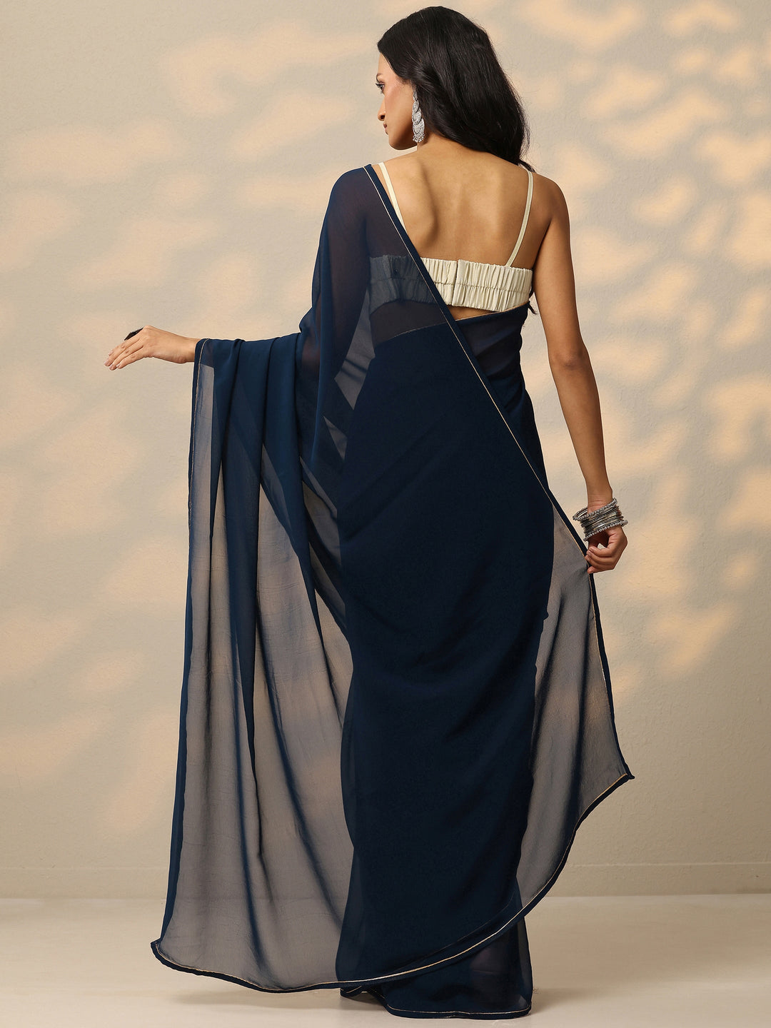  Blue Solid Georgette Saree With Unstitched Blouse Piece 