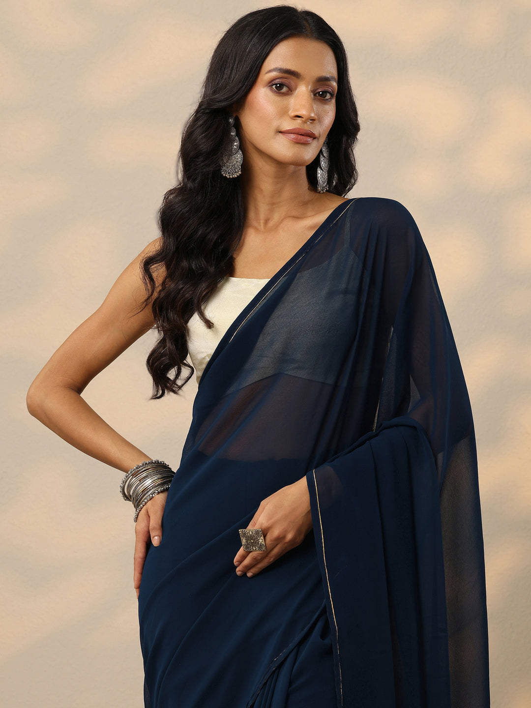  Blue Solid Georgette Saree With Unstitched Blouse Piece 