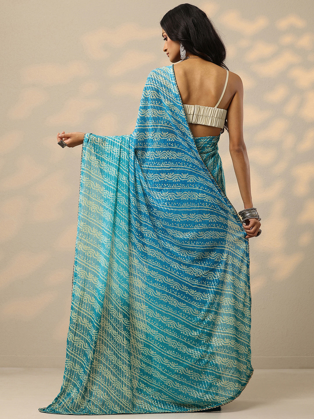  Teal Bandhani Printed Chiffon Saree With Unstitched Blouse Piece 