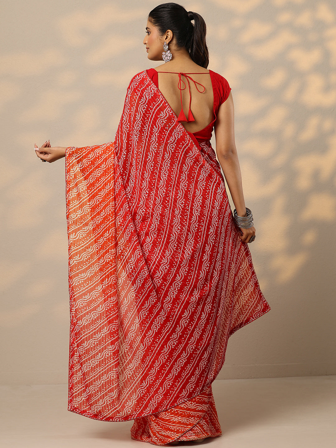  Red Bandhani Printed Chiffon Saree With Unstitched Blouse Piece 
