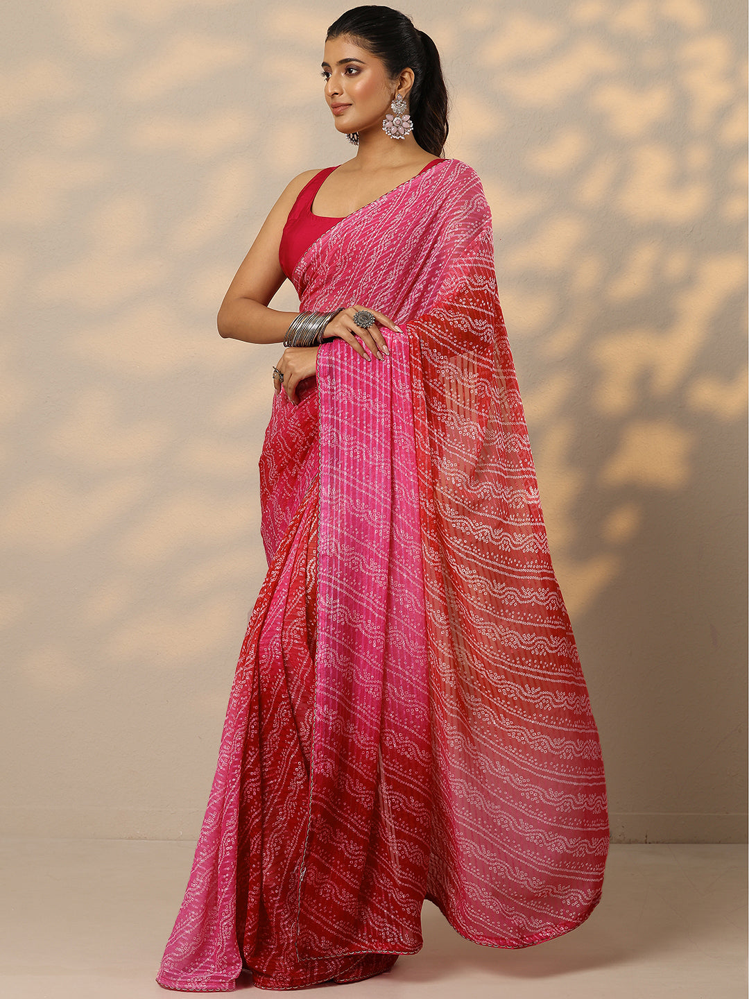 Pink Bandhani Printed Chiffon Saree With Unstitched Blouse Piece 