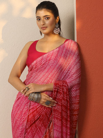 Pink Bandhani Printed Chiffon Saree With Unstitched Blouse Piece