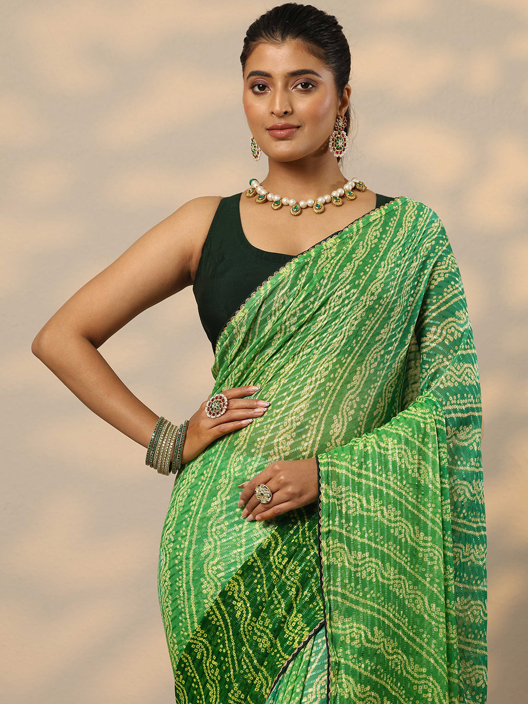  Green Bandhani Printed Chiffon Saree With Unstitched Blouse Piece 