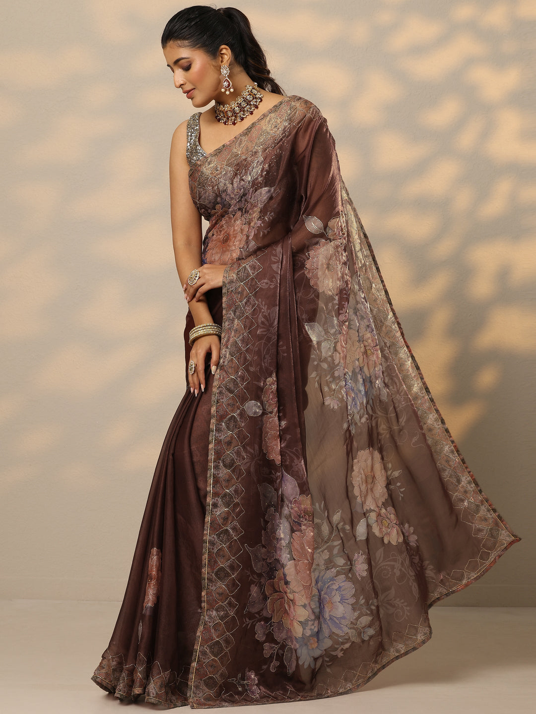  Brown Printed Organza Saree With Unstitched Blouse Piece 